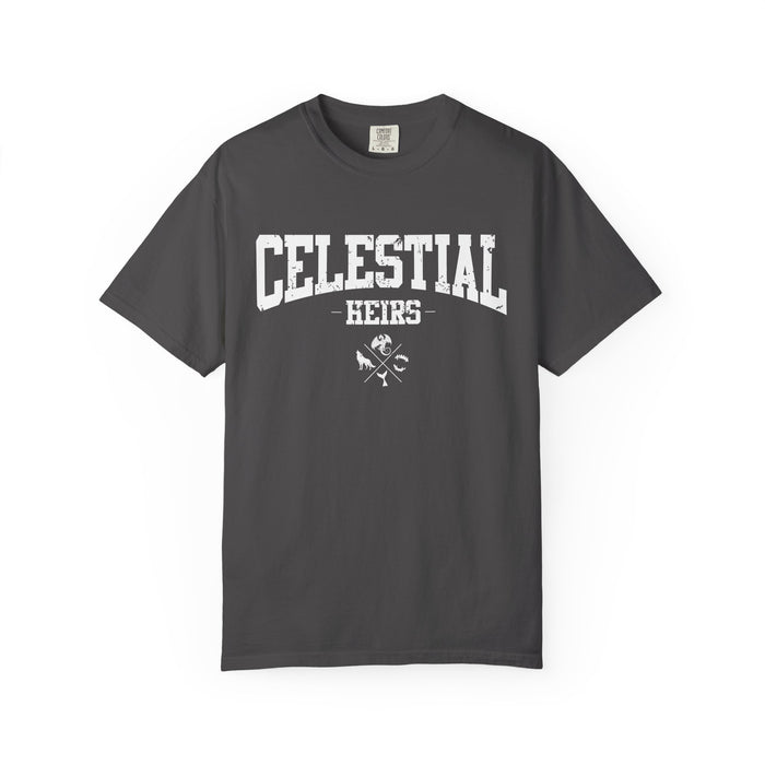 Zodiac Academy-themed Comfort Colors graphic tee from thtgrlreads featuring a vintage wash black fabric with bold white collegiate-style "Celestial Heirs" text and crossed celestial symbols.