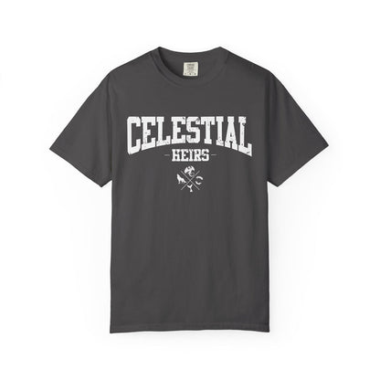 Zodiac Academy-themed Comfort Colors graphic tee from thtgrlreads featuring a vintage wash black fabric with bold white collegiate-style "Celestial Heirs" text and crossed celestial symbols.