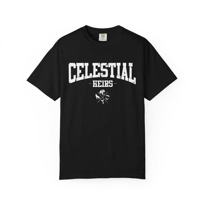 Black Comfort Colors graphic tee from thtgrlreads featuring vintage white collegiate-style text "Celestial Heirs" for Zodiac Academy fans, part of the Tees collection.