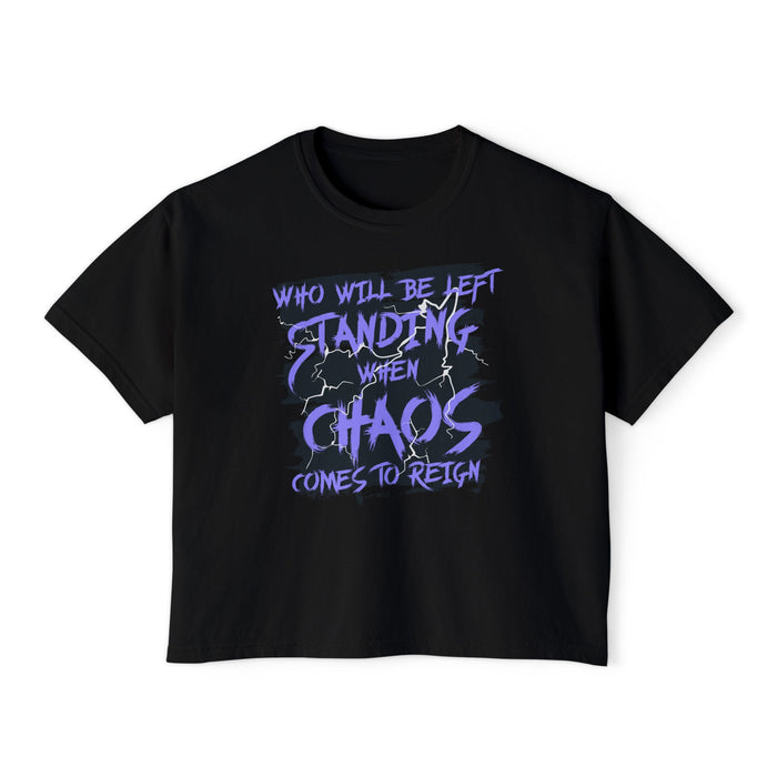 thtgrlreads Lady of Darkness & Legacy Series cozy black Comfort Colors crop top featuring a vintage-style graphic with purple gothic text and lightning accents in a unisex fit