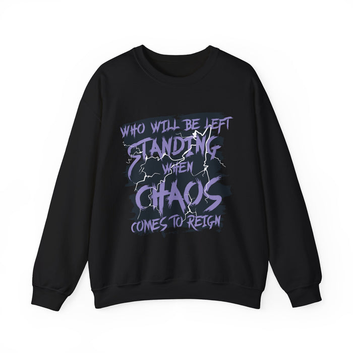 thtgrlreads oversized crewneck sweatshirt from the Lady of Darkness & Legacy Series featuring a vintage washed black Comfort Colors base with purple gothic text graphic reading "Who will be left standing when chaos comes to reign" styled with lightning details.