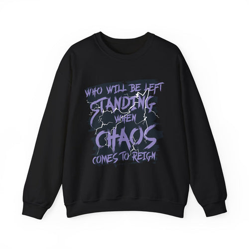 thtgrlreads oversized crewneck sweatshirt from the Lady of Darkness & Legacy Series featuring a vintage washed black Comfort Colors base with purple gothic text graphic reading "Who will be left standing when chaos comes to reign" styled with lightning details.