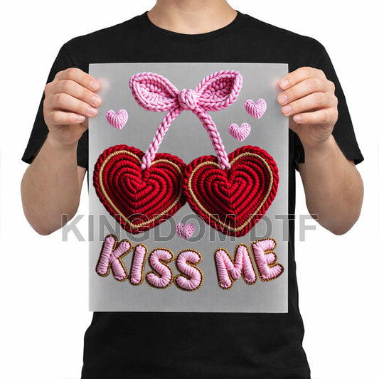 Cherry Kiss Me Faux Crochet DTF Transfers - Ready To Press