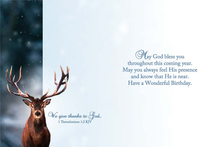 Stag with a message of birthday wishes and Bible verse on a blue background