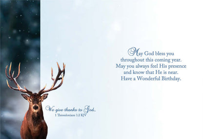 Stag with a message of birthday wishes and Bible verse on a blue background