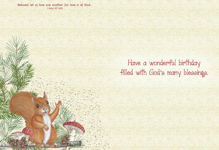 card with writing and a squirrel