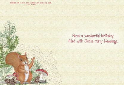 card with writing and a squirrel