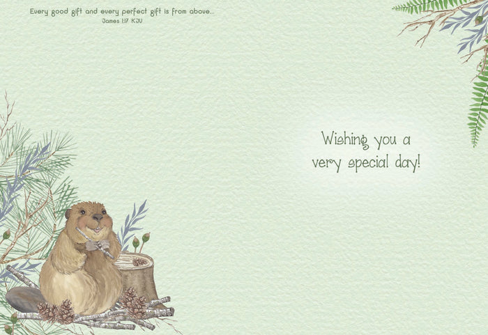 Card with writing and a beaver
