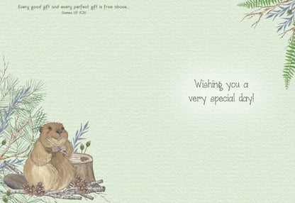 Card with writing and a beaver