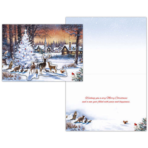 Christmas card with winter scene of deer and animals in a snowy landscape, featuring a snowy envelope.