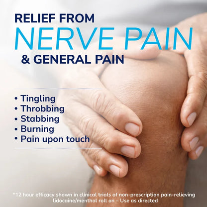 Dr Scholls Clinical Strength 12-Hour Pain Relief Liquid Roll-On infographic showing relief from nerve and general pain