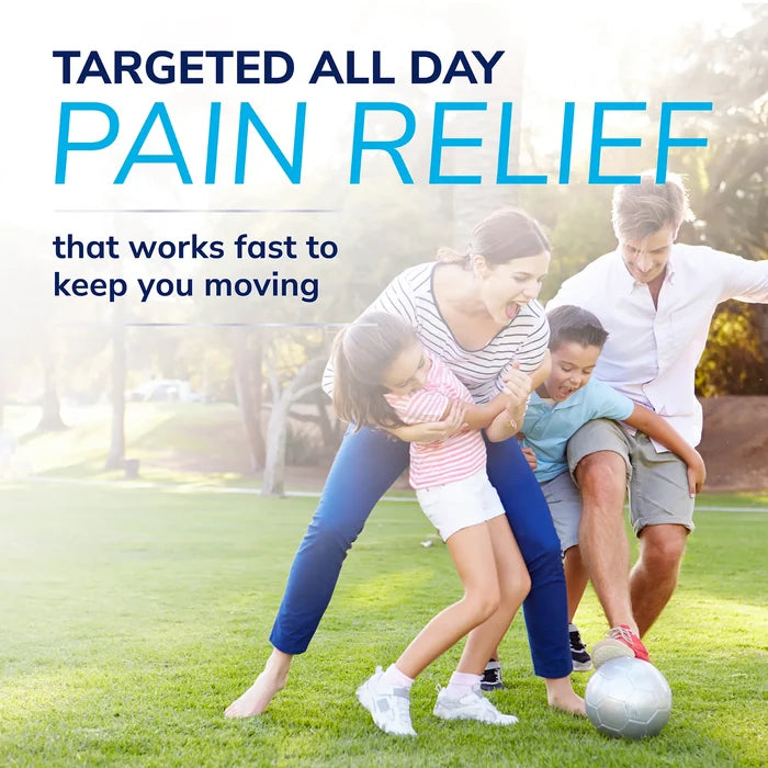 Family playing soccer in a park with Dr Scholls Clinical Strength 12-Hour Pain Relief Liquid Roll-On text overlay