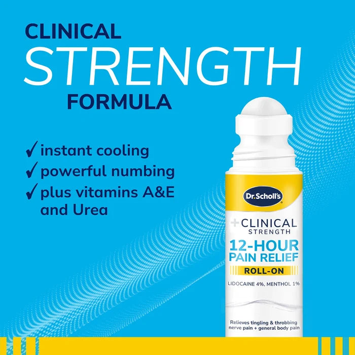 Dr Scholls Clinical Strength 12-Hour Pain Relief Liquid Roll-On with cooling and numbing ingredients