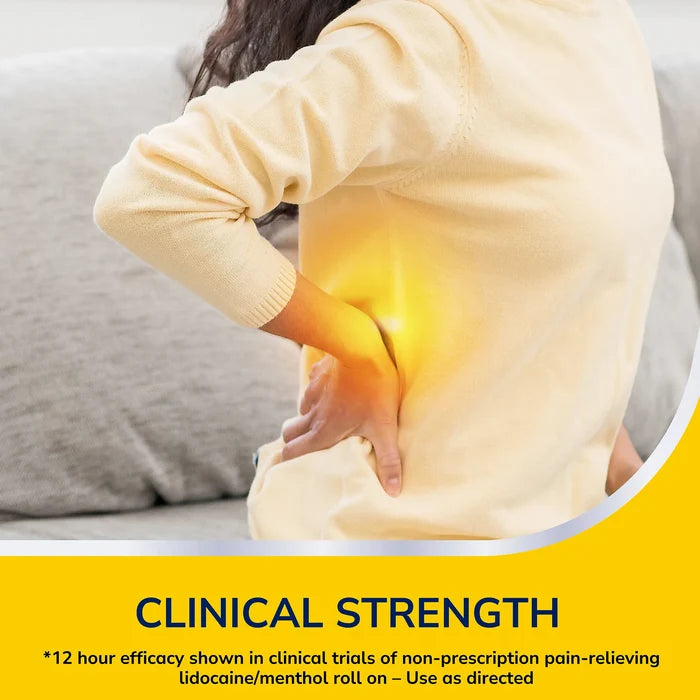 Person holding their lower back with a yellow glow effect indicating pain relief for Dr Scholls Clinical Strength roll on