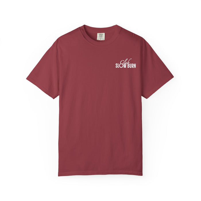 thtgrlreads comfort colors graphic tee in vintage washed maroon featuring a small white "Club Slow Burn" printed design, part of the Tees and Book Bestie collections.