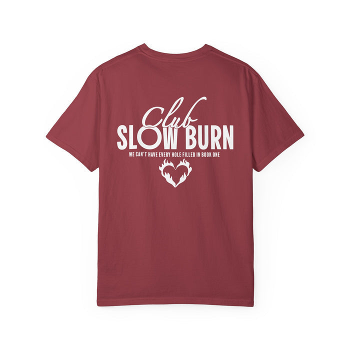 Thtgrlreads Book Bestie collection unisex Comfort Colors graphic tee in vintage wash, featuring bold white "Club Slow Burn" text and a flaming heart design on the back.