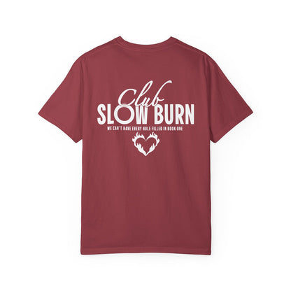 Thtgrlreads Book Bestie collection unisex Comfort Colors graphic tee in vintage wash, featuring bold white "Club Slow Burn" text and a flaming heart design on the back.