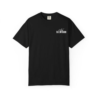 A black Comfort Colors graphic tee from thtgrlreads featuring a small white vintage-style "Slow Burn" text print, part of the Tees and Book Bestie collections.