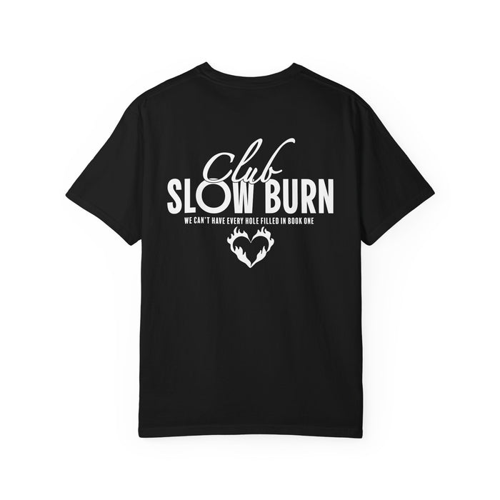 A black Comfort Colors graphic tee from thtgrlreads featuring bold white text "Club Slow Burn" with a small flaming heart graphic, part of the Book Bestie and Tees collections.
