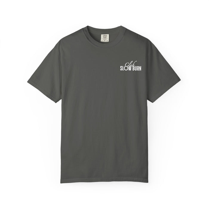 Thtgrlreads officially licensed Club Slow Burn Comfort Colors graphic tee in vintage washed charcoal gray with small white scripted text print, from Book Bestie and related collections.