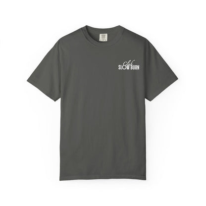 Thtgrlreads officially licensed Club Slow Burn Comfort Colors graphic tee in vintage washed charcoal gray with small white scripted text print, from Book Bestie and related collections.