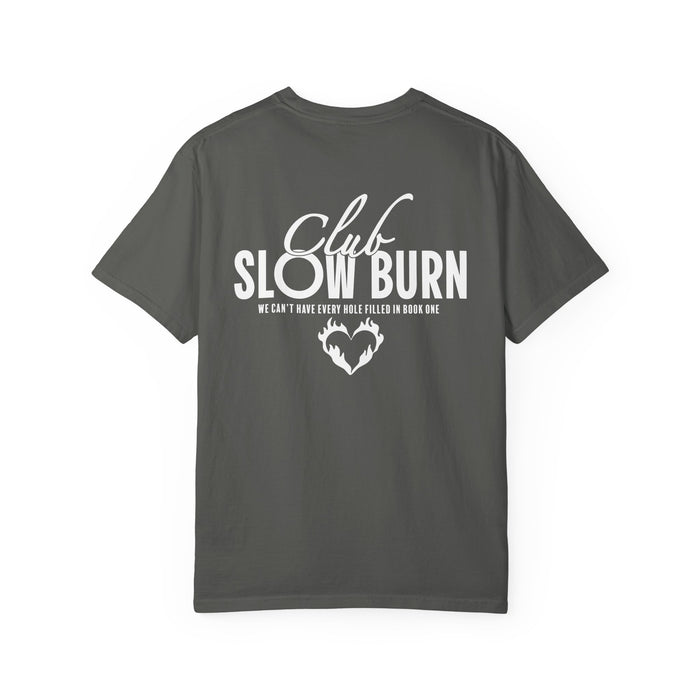 thtgrlreads Club Slow Burn comfort colors graphic tee featuring bold white text and a flaming heart print, part of the Book Bestie collection and related series merch.
