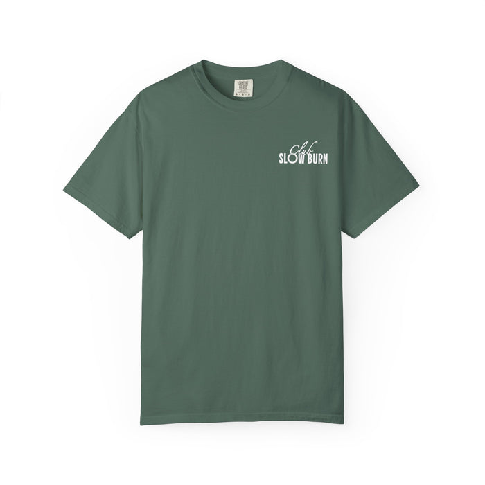 Comfort Colors graphic tee in muted green featuring a small white vintage puff print "Club Slow Burn" logo, officially licensed bookish apparel from thtgrlreads' Book Bestie collection.