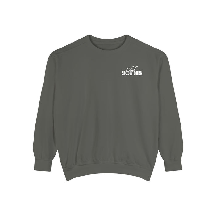 A vintage-washed oversized crewneck sweatshirt from thtgrlreads featuring subtle "Slow Burn" text in white, part of the Book Bestie and Crewnecks collections.
