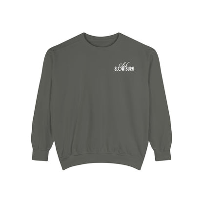A vintage-washed oversized crewneck sweatshirt from thtgrlreads featuring subtle "Slow Burn" text in white, part of the Book Bestie and Crewnecks collections.