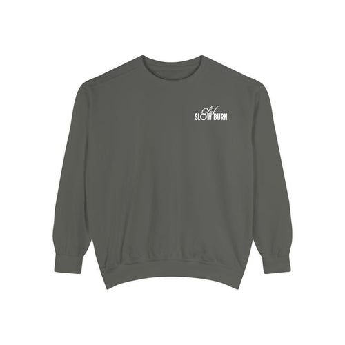 A vintage-washed oversized crewneck sweatshirt from thtgrlreads featuring subtle "Slow Burn" text in white, part of the Book Bestie and Crewnecks collections.