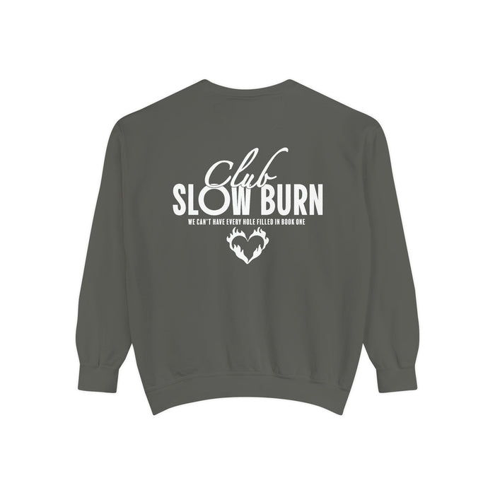 Dark gray oversized crewneck sweatshirt from thtgrlreads featuring white vintage puff print text "Club Slow Burn" and a heart graphic, part of the Book Bestie and Crewnecks collections.