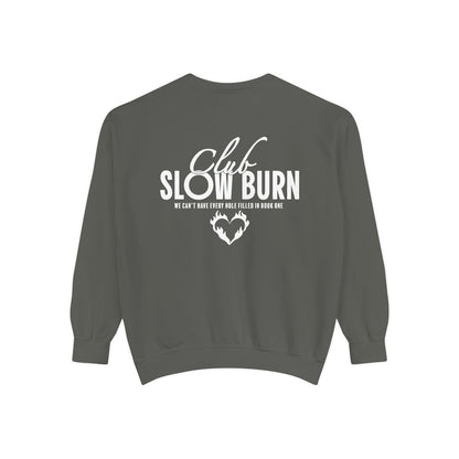Dark gray oversized crewneck sweatshirt from thtgrlreads featuring white vintage puff print text "Club Slow Burn" and a heart graphic, part of the Book Bestie and Crewnecks collections.