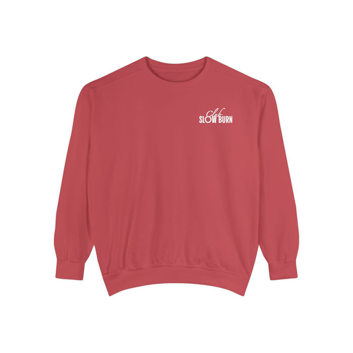 Thtgrlreads oversized crewneck sweatshirt in vintage-washed Comfort Colors fabric featuring a small "Slow Burn" white script print, perfect for Book Bestie and Crewnecks collections.