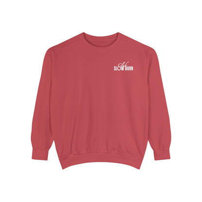 Thtgrlreads oversized crewneck sweatshirt in vintage-washed Comfort Colors fabric featuring a small "Slow Burn" white script print, perfect for Book Bestie and Crewnecks collections.