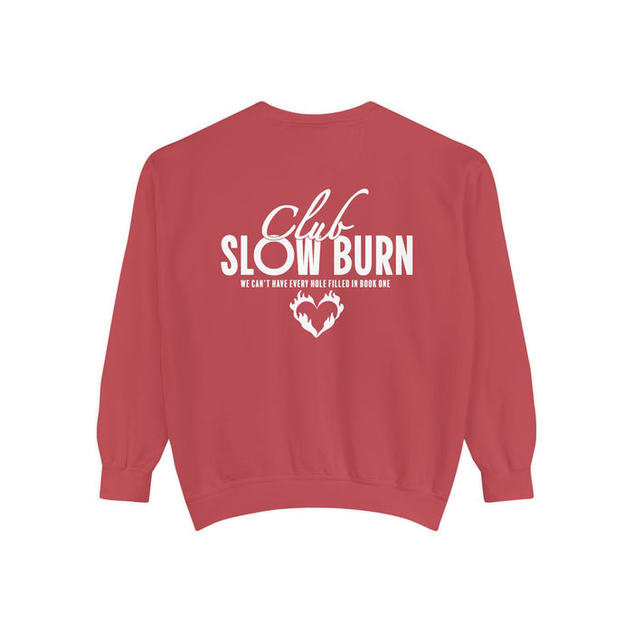 Oversized vintage-wash red Comfort Colors crewneck sweatshirt from thtgrlreads featuring bold white "Club Slow Burn" text and graphic from Book Bestie collection.