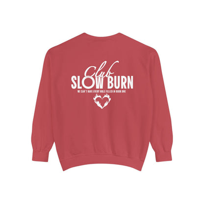 Oversized vintage-wash red Comfort Colors crewneck sweatshirt from thtgrlreads featuring bold white "Club Slow Burn" text and graphic from Book Bestie collection.