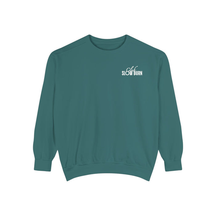 Thtgrlreads Club Slowburn oversized crewneck sweatshirt in vintage-washed teal Comfort Colors fabric with minimalist white slow burn text, part of Book Bestie and Crewnecks collections.