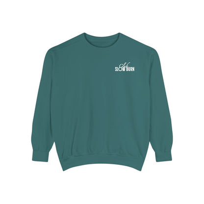 Thtgrlreads Club Slowburn oversized crewneck sweatshirt in vintage-washed teal Comfort Colors fabric with minimalist white slow burn text, part of Book Bestie and Crewnecks collections.