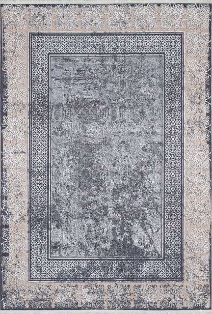 The Contemporary Borderline - Washable Rug - JR1798 features a rectangular shape with a tan and cream floral border and a distressed, faded gray central field accented by dark blue and gray tones.