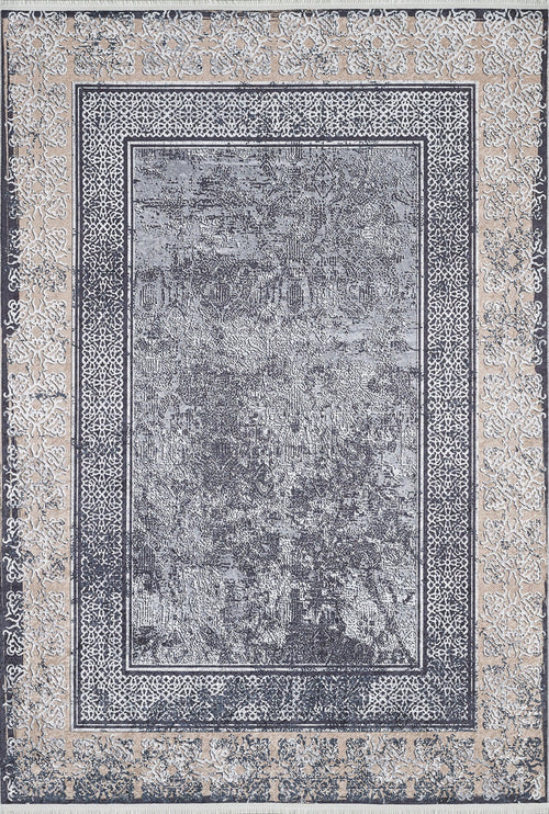 The Contemporary Borderline - Washable Rug - JR1798 features a rectangular shape with a tan and cream floral border and a distressed, faded gray central field accented by dark blue and gray tones.