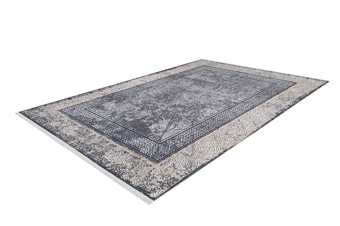 The Contemporary Borderline - Washable Rug - JR1798 is a rectangular flat weave with an ornate, vintage-inspired dark blue and cream pattern, an intricate border, and a slightly distressed look.