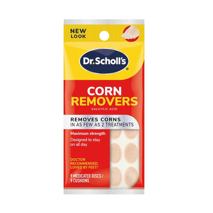 Dr. Scholl's Corn Removers medicated discs box, yellow and red package