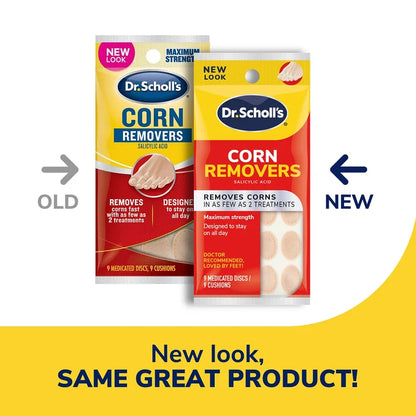 Dr. Scholl's Corn Removers package front and side-by-side old vs new look