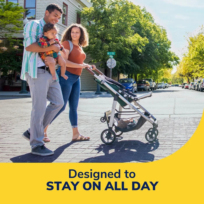 Corn removers promotional graphic showing family pushing a stroller