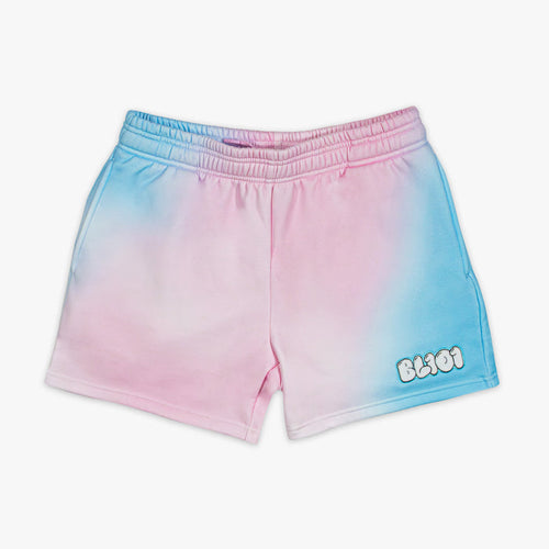 pink and blue gradient sweatshorts with a cotton candy inspired design and BL101 bubble letter writing on side