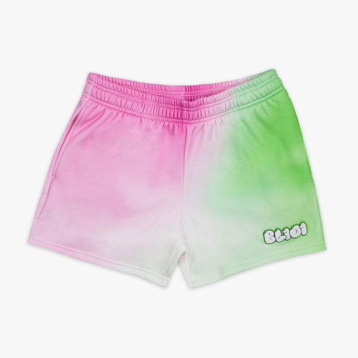 Gradient pink to green shorts with BL101 logo on a white background