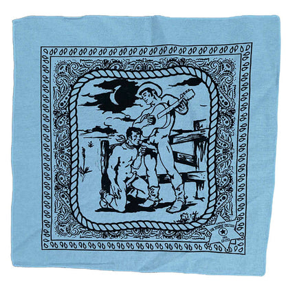 Blue bandana with black graphic design of a man with a guitar and another man on his knees