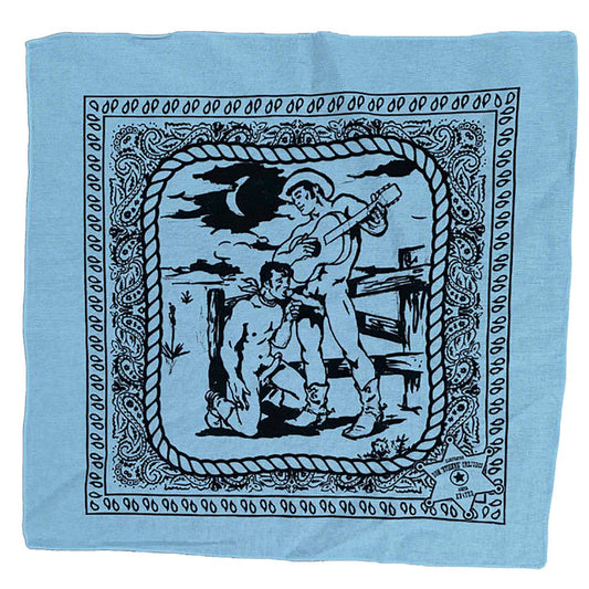 Blue bandana with black graphic design of a man with a guitar and another man on his knees