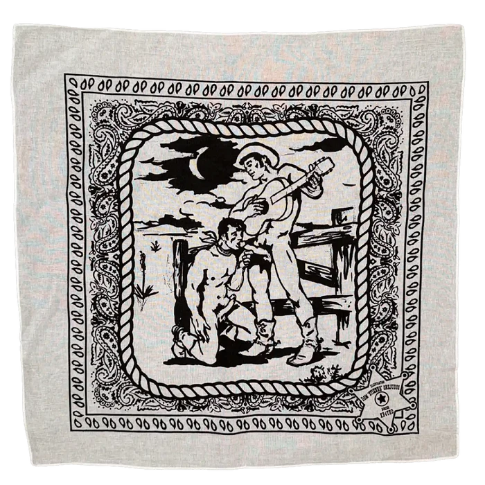 White bandana with black graphic design of a man with a guitar and another man on his knees