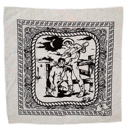 White bandana with black graphic design of a man with a guitar and another man on his knees